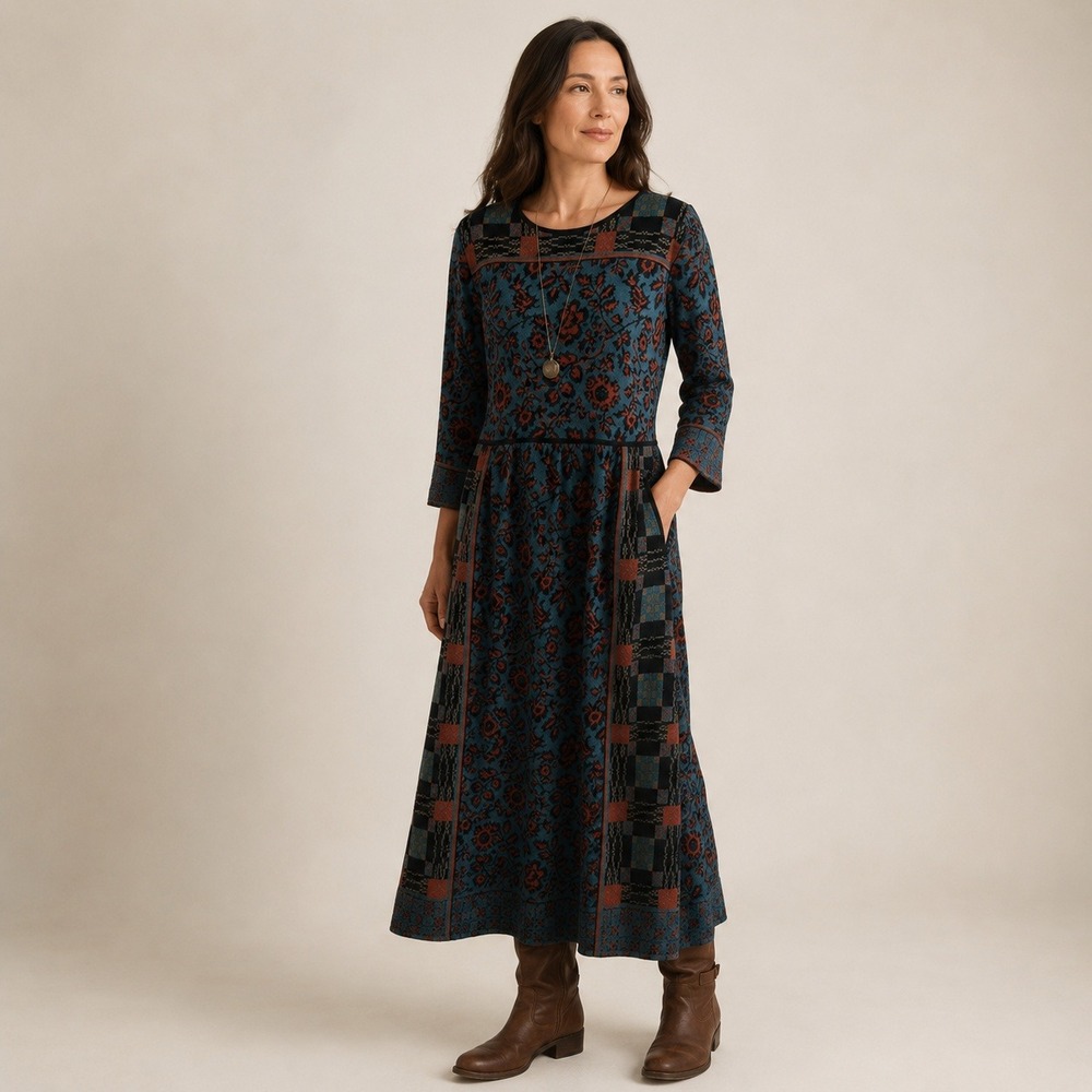 Peruvian Connection Womens XL Pima Cotton Floral Jacquard Knit Maxi Dress Teal